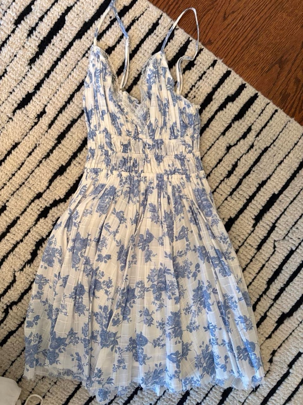 White and Blue Floral Spaghetti-Strap Mini Dress